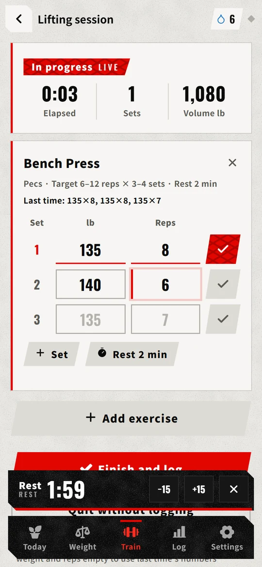 Log sets in a few taps. Rest timer and PRs